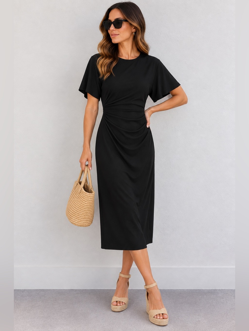 Zara draped midi black dress cinched ruched detailing size XS